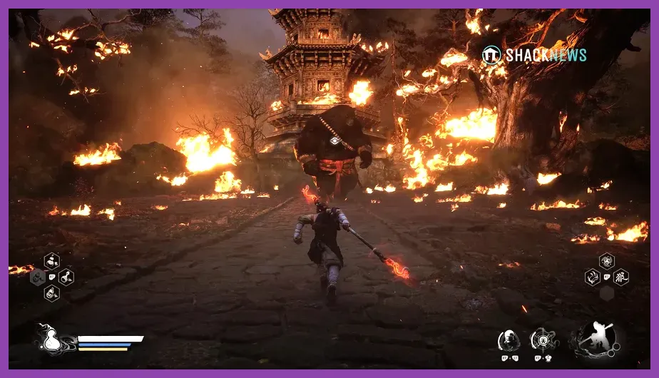 Black Bear Guai roaring in a sea of flames in Black Myth Wukong