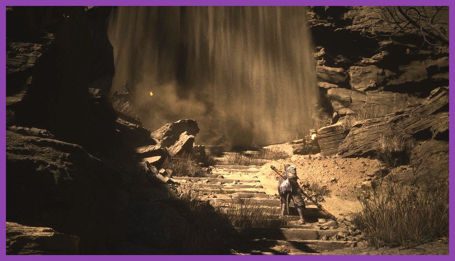 Moonlit refuge behind a waterfall in Black Myth Wukong under night sky