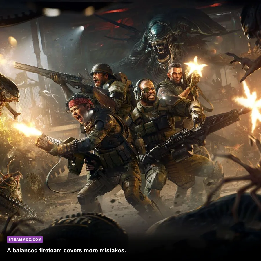 Aliens Fireteam Elite squad showing Doc Demolisher Technician and Gunner classes