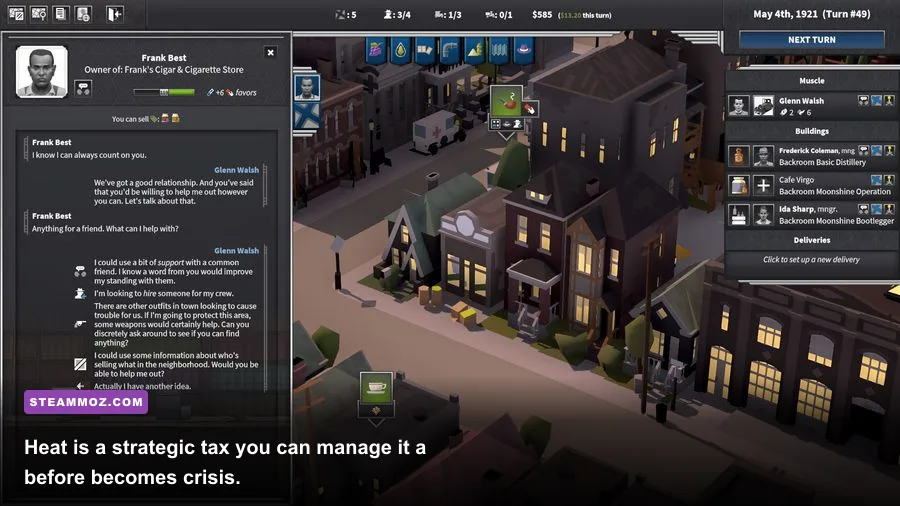 City of Gangsters police pressure and neighborhood heat warning during a criminal operation