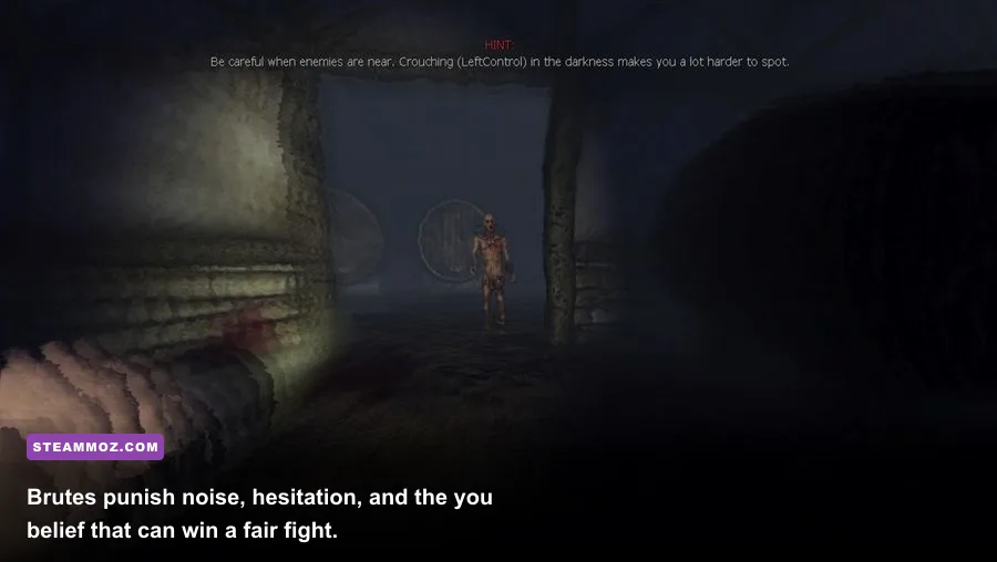 Amnesia The Dark Descent Brute monster patrolling a dark prison corridor