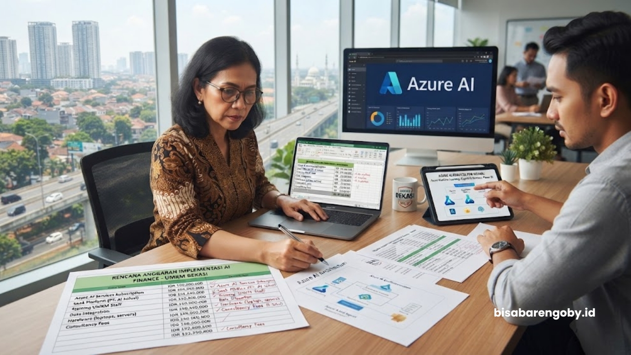 Manajer keuangan merencanakan anggaran implementasi AI Finance untuk UMKM di Bekasi berbasis Azure AI