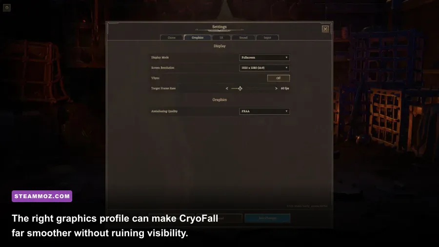 CryoFall graphics settings menu showing resolution and performance options