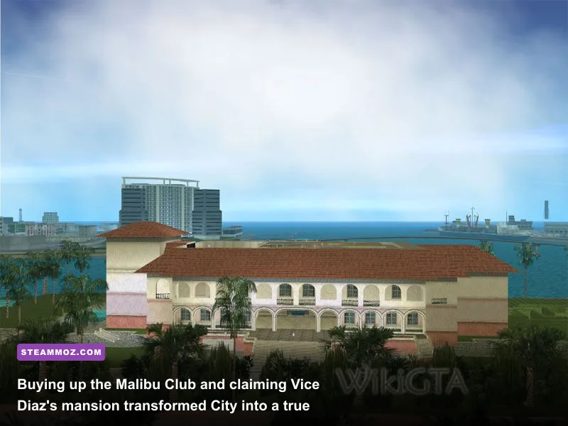 The exterior view of the sprawling Vercetti Estate on Starfish Island
