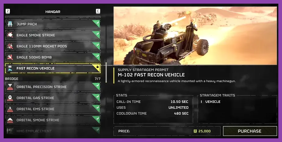 Helldivers 2 requisition store displaying unlocked and locked stratagems