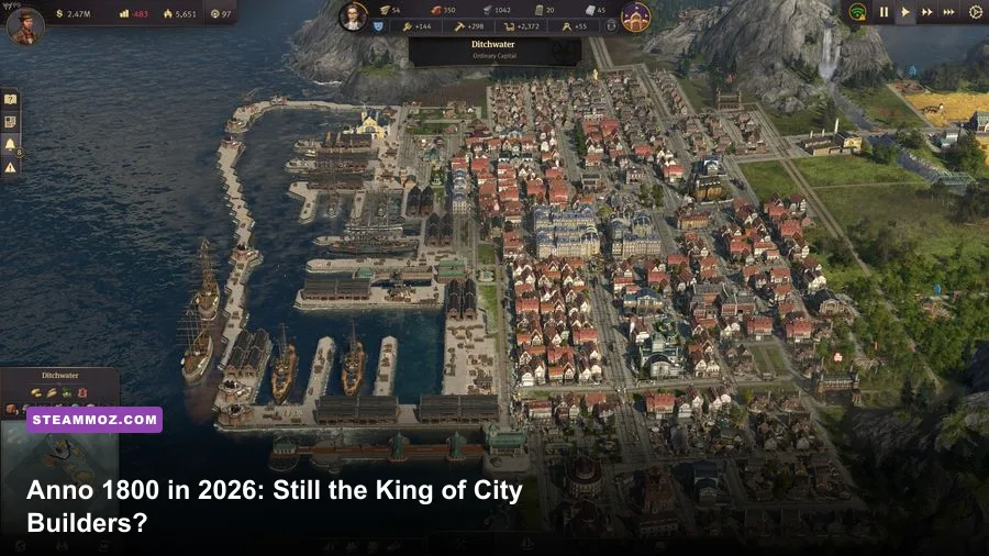 A sprawling Anno 1800 city and harbor viewed at sunset