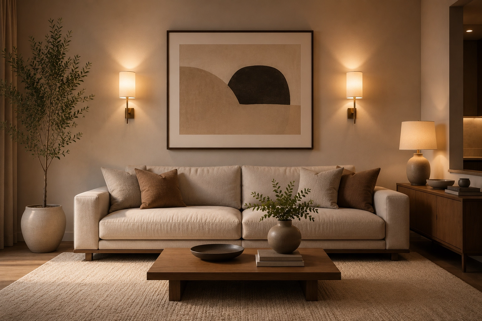 Living room wall showing perfectly proportioned art hanging just above the sofa with matching wall sconces