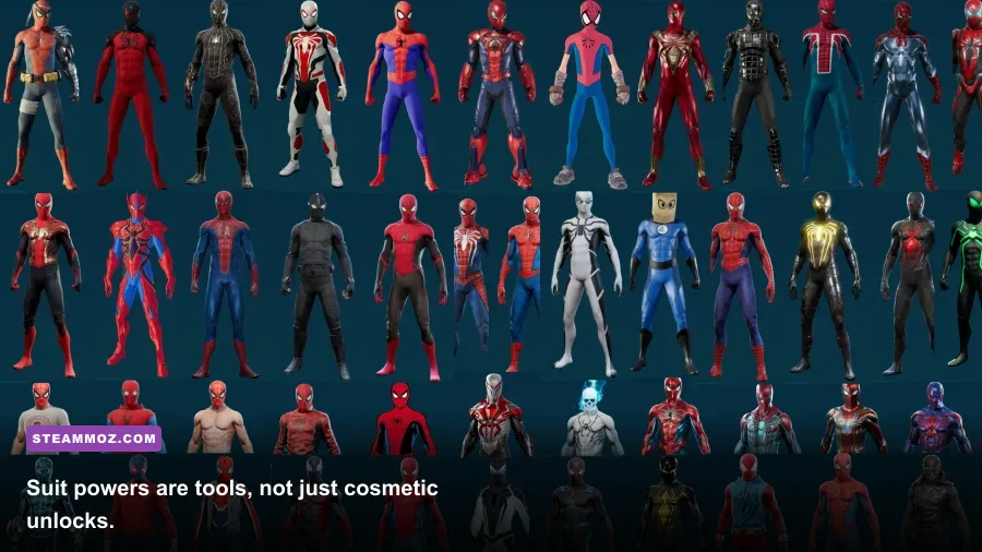 Spider-Man suit selection and suit powers menu in Marvel's Spider-Man Remastered