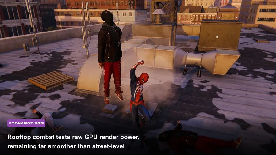 Spider-Man fighting enemies on an industrial rooftop in Marvel's Spider-Man Remastered