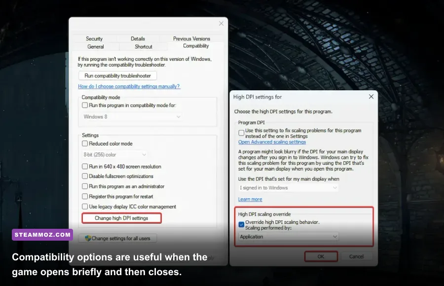 Windows compatibility and high DPI scaling settings for Ash of Gods Redemption