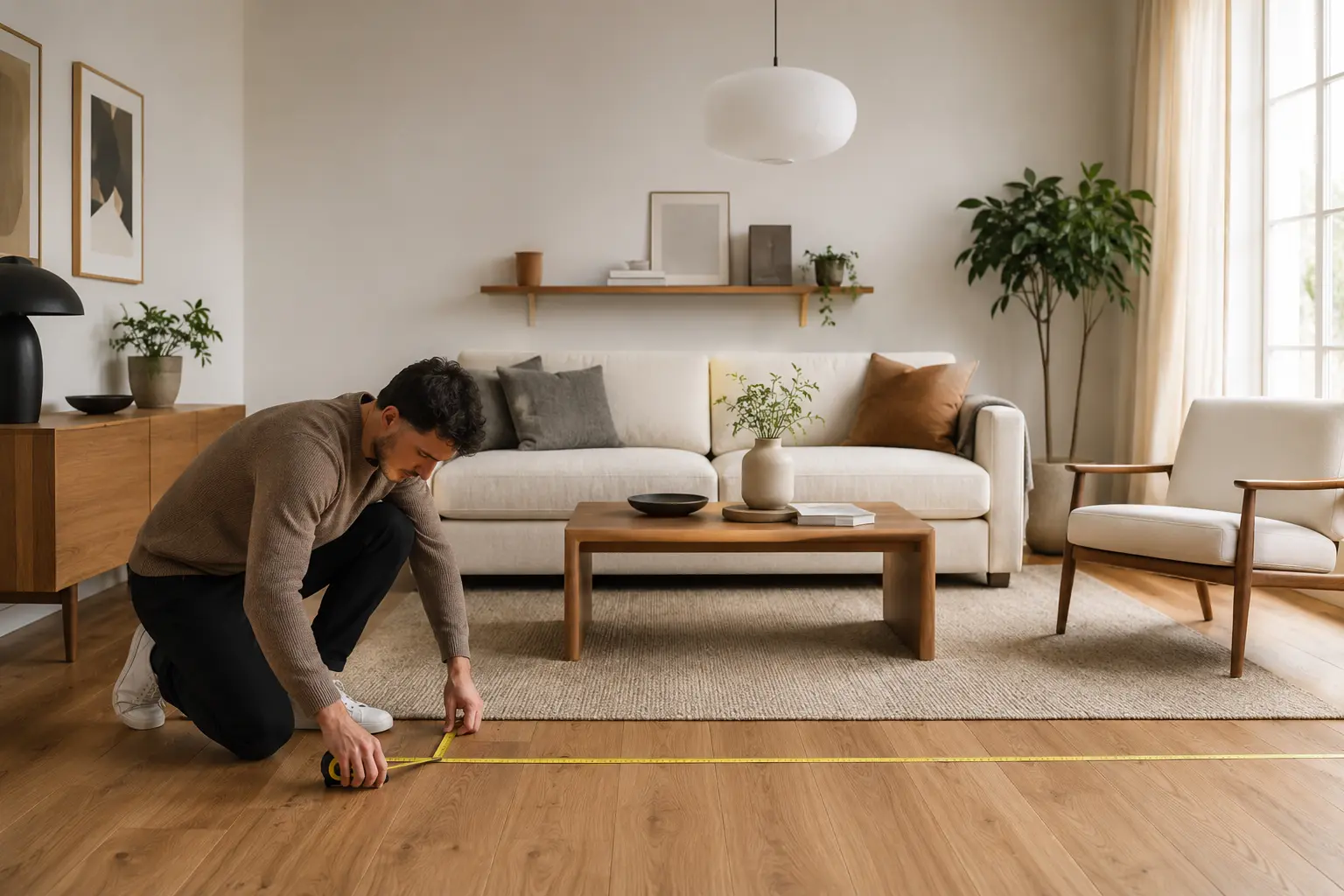 Person measuring a living room floor with a tape measure before furniture shopping