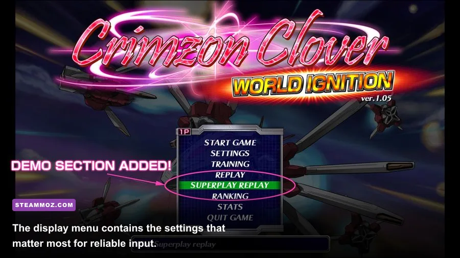 Crimzon Clover World EXplosion PC display settings menu showing fullscreen and resolution options