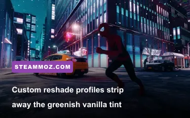 Photorealistic reshade applied to Miles Morales PC showing realistic winter reflections at night
