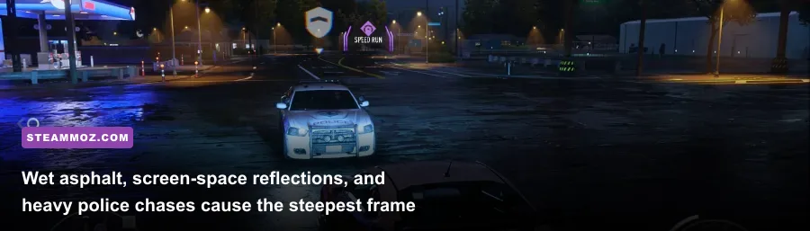 Need for Speed Unbound high intensity police pursuit through wet streets at night with frame counters