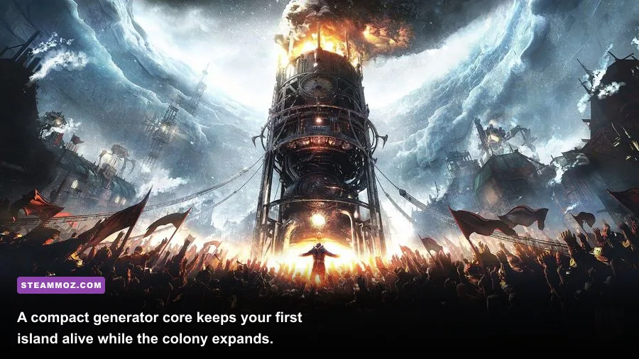 Frostpunk generator heating a compact settlement on The Rifts map