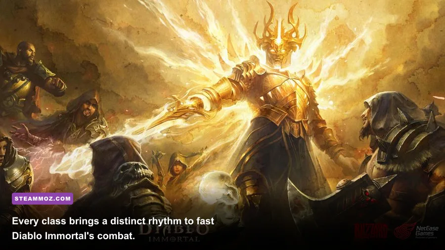 Diablo Immortal PC combat featuring a Crusader and Demon Hunter fighting demons