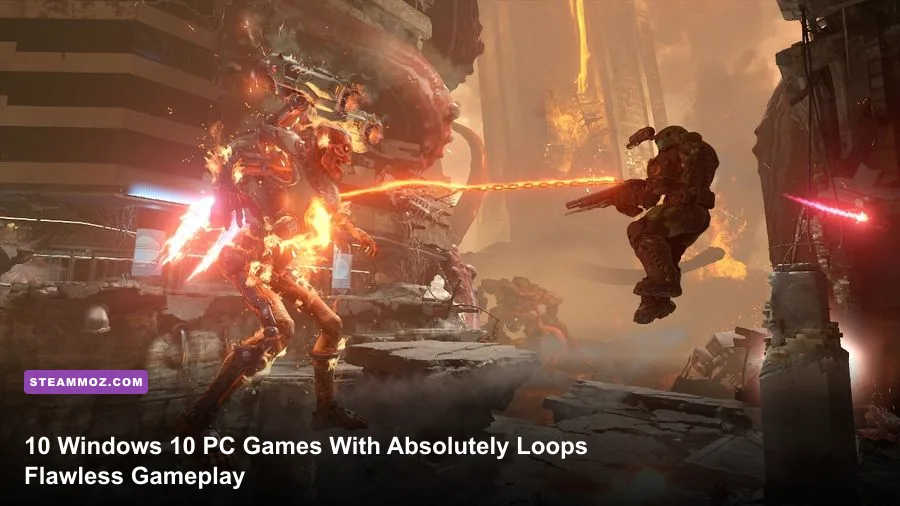 High-octane PC combat gameplay screenshot showing frantic first-person action