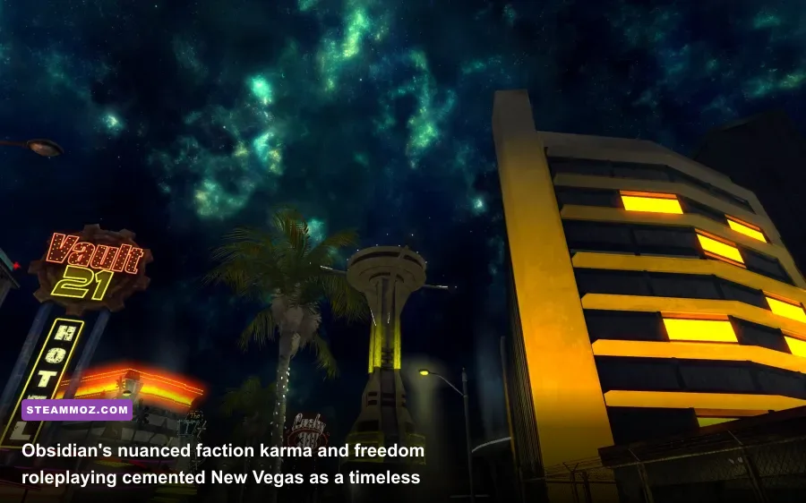 The iconic neon-lit New Vegas strip at night in Fallout New Vegas