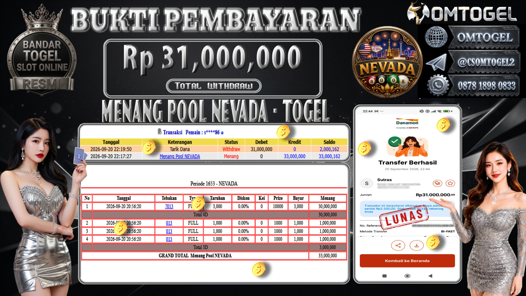 OMTOGEL JACKPOT MENANG POOL NEVADA Rp.31,000,000,- DIBAYAR LUNAS