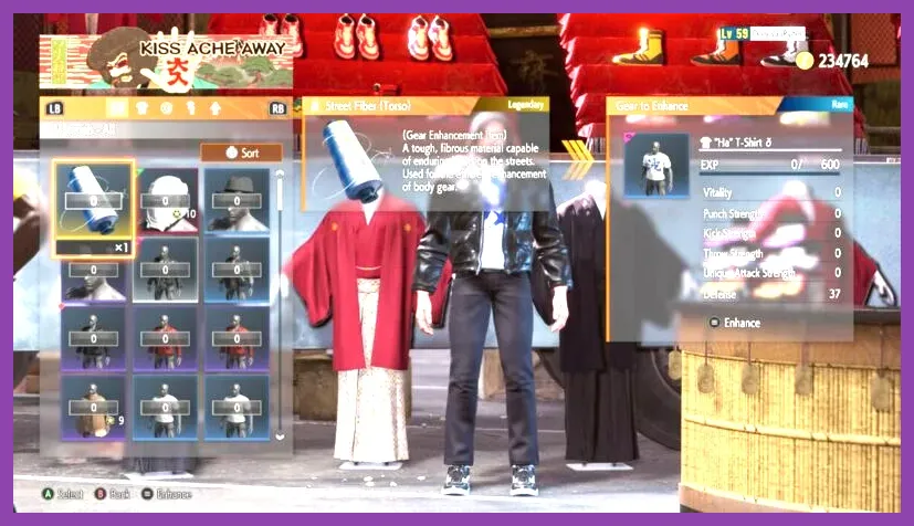 Custom avatar in Street Fighter 6 World Tour mode examining high-level gear and equipment stats