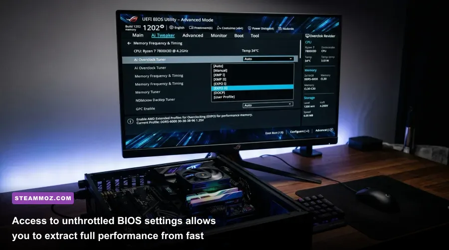Computer monitor displaying a modern motherboard UEFI BIOS screen tuning memory timings and overclock profiles