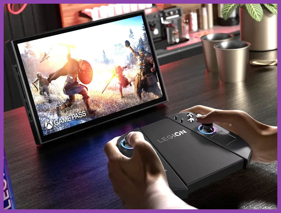 Lenovo Legion Go docked with controllers detached on a gaming setup
