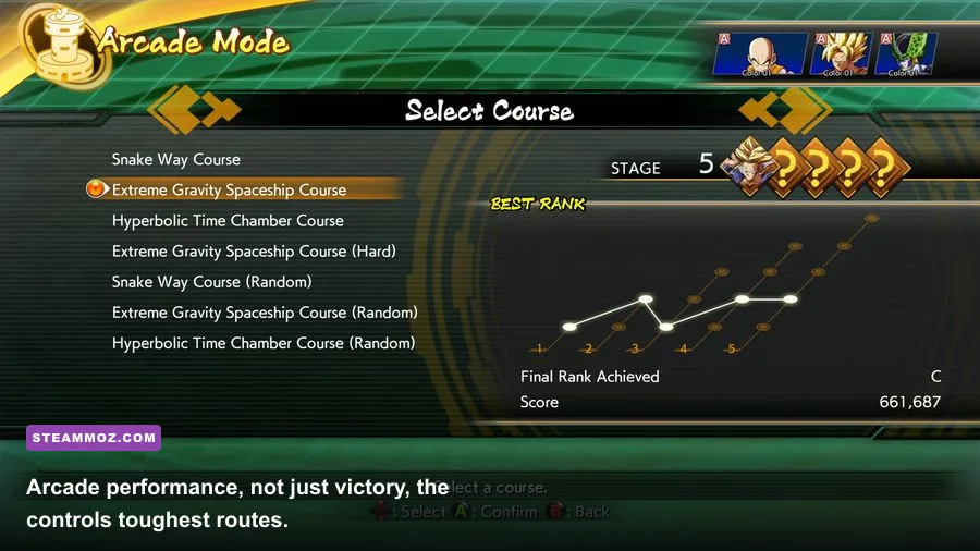 DRAGON BALL FighterZ Arcade Mode route and rank selection screen