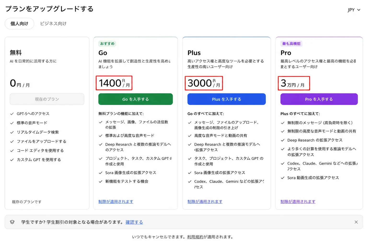 2026年現在のChatGPT料金プラン比較