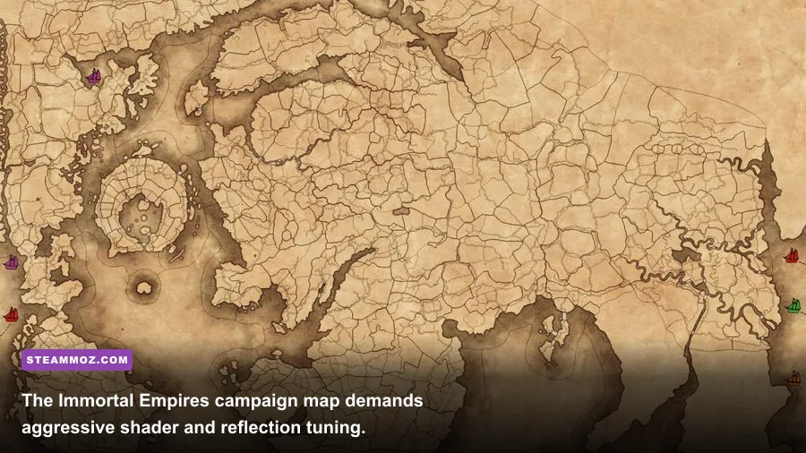 Total War Warhammer 3 Immortal Empires campaign map showing volumetric fog and water