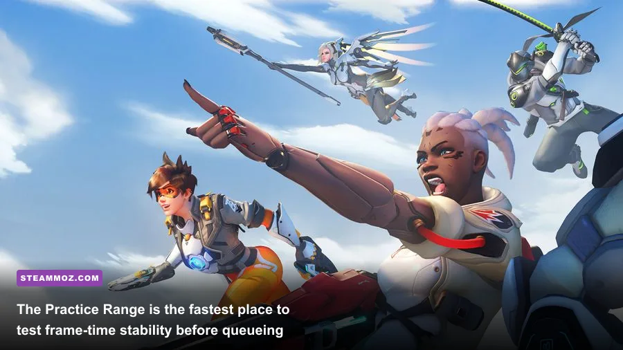 Overwatch 2 PC training range with FPS counter used for graphics benchmarking
