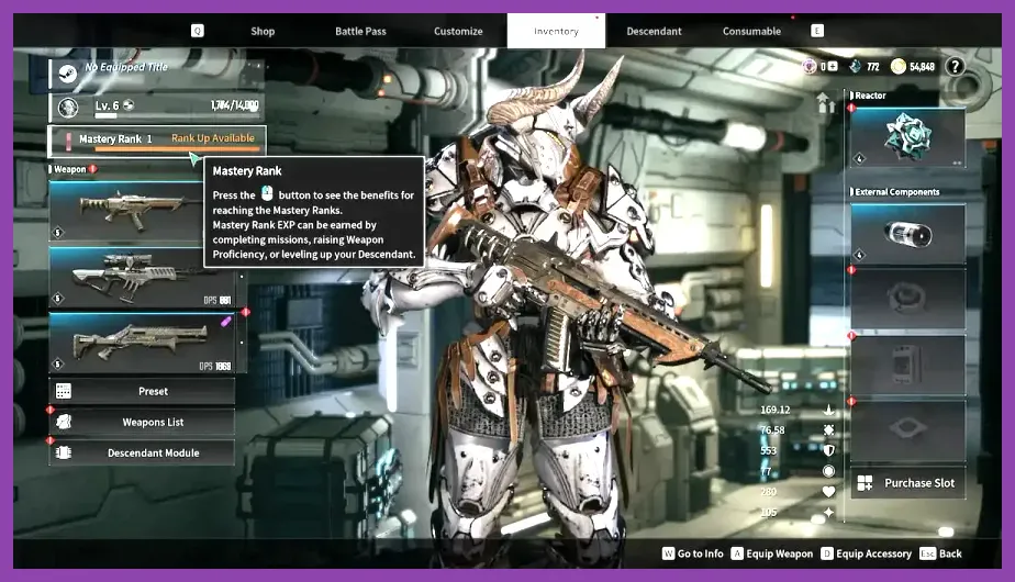 The First Descendant weapon upgrade and mastery screen