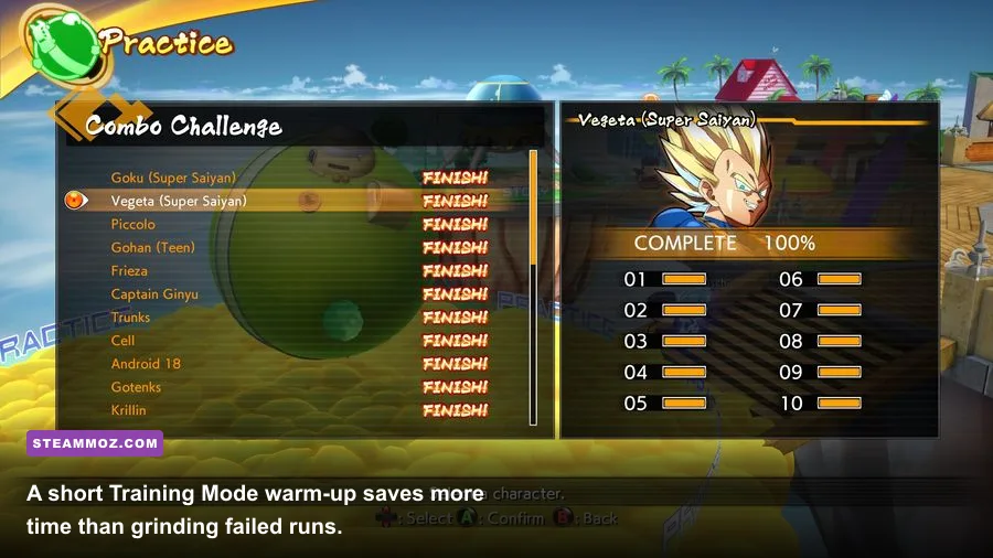 Dragon Ball FighterZ Training Mode combo practice with assist settings visible