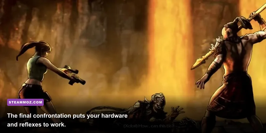 Lara Croft fighting Xolotl in Guardian of Light on PC