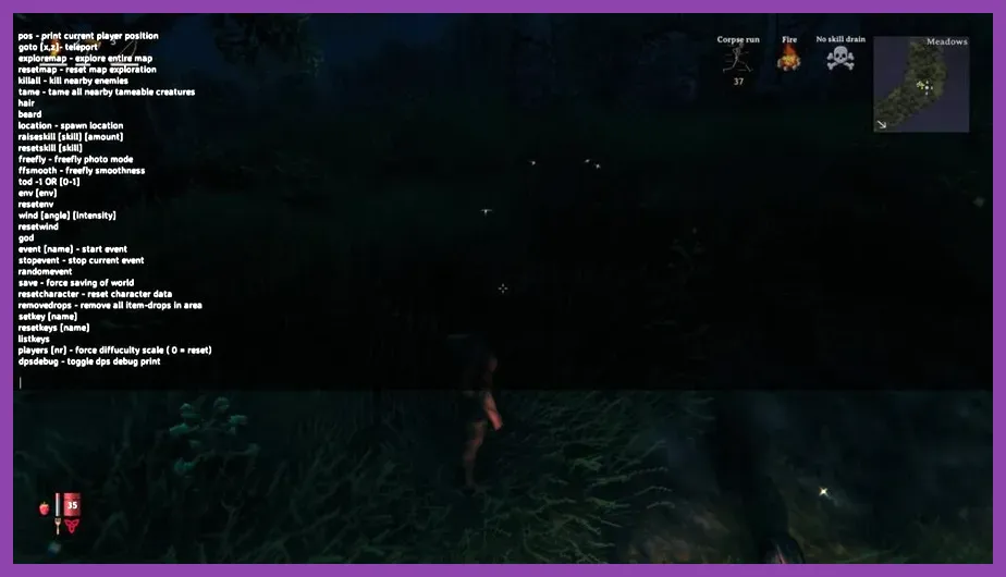 Valheim console commands interface on PC