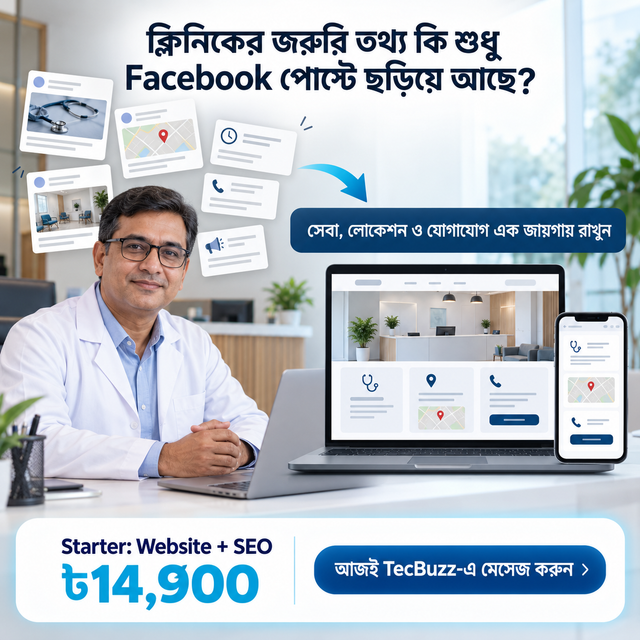 ক্লিনিক ও ডায়াগনস্টিক — সেবা, লোকেশন ও যোগাযোগ; All Device layout-এর TecBuzz অ্যাডের উদাহরণ