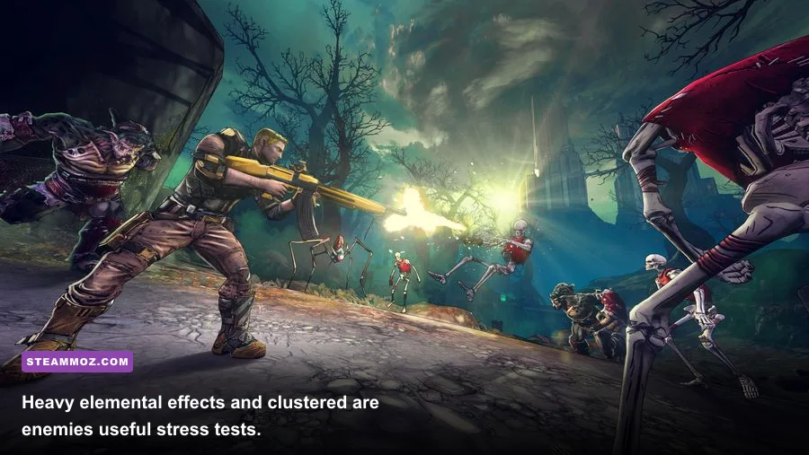 Tiny Tina's Assault on Dragon Keep combat with elemental effects and skeleton enemies