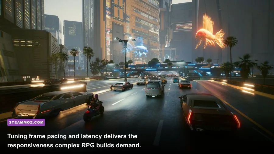 Cyberpunk 2077 Night City combat scene showcasing high-end ray tracing and motion blur tuning