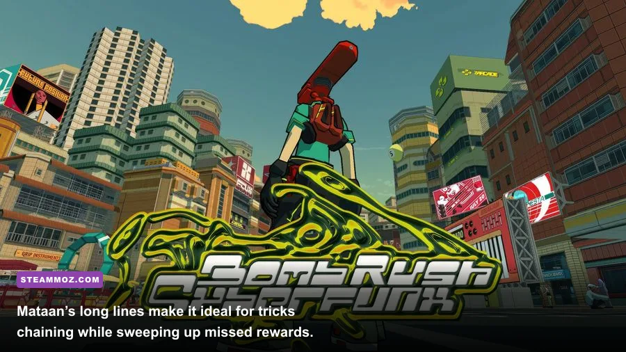 Bomb Rush Cyberfunk Mataan street and elevated rail hidden reward route