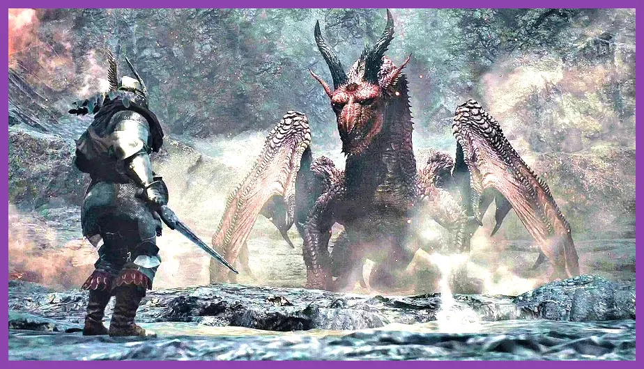 Dragon's Dogma 2 intense battle scene against a drake