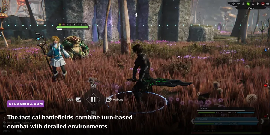 Daryon and Selene fighting enemies in a tactical battle in Edge of Eternity