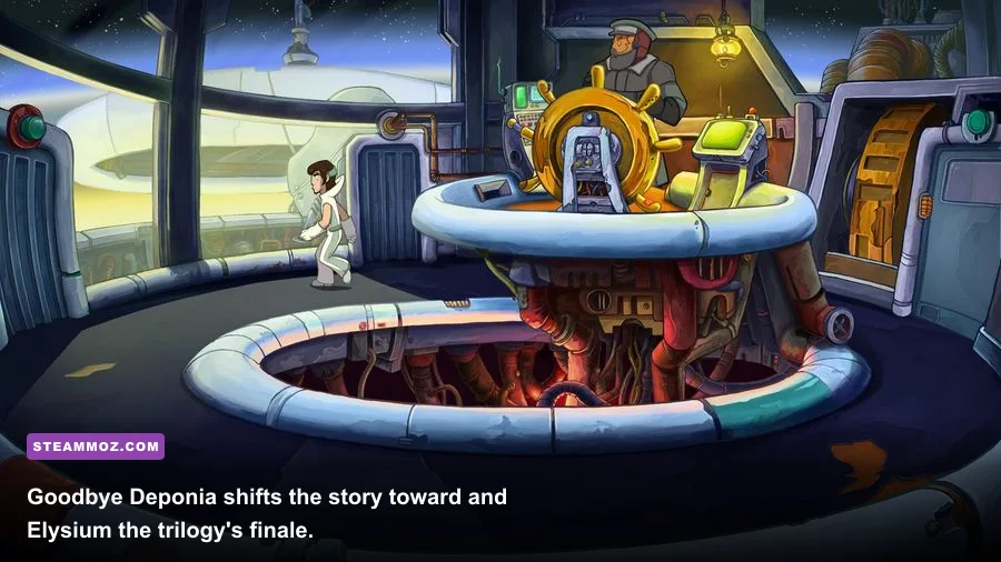 Rufus solving the cable car puzzle in Deponia