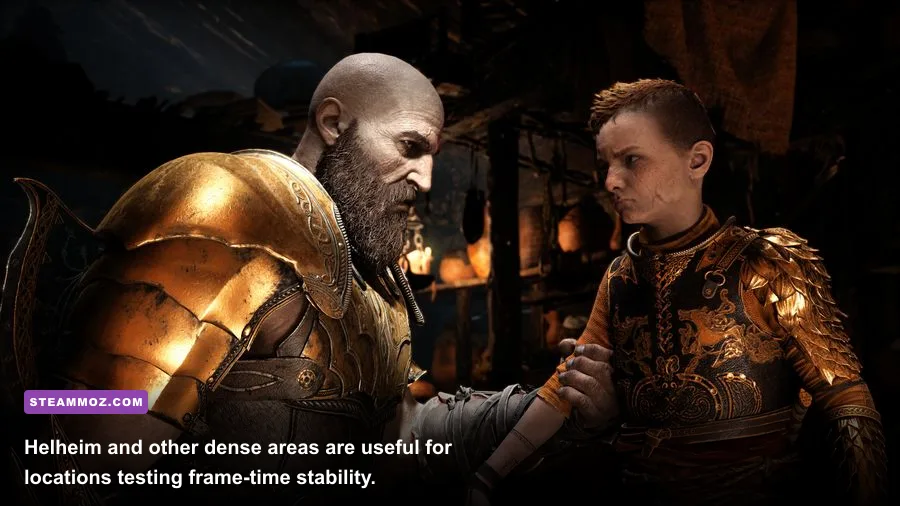 Kratos and Atreus exploring the icy realm of Helheim in God of War PC