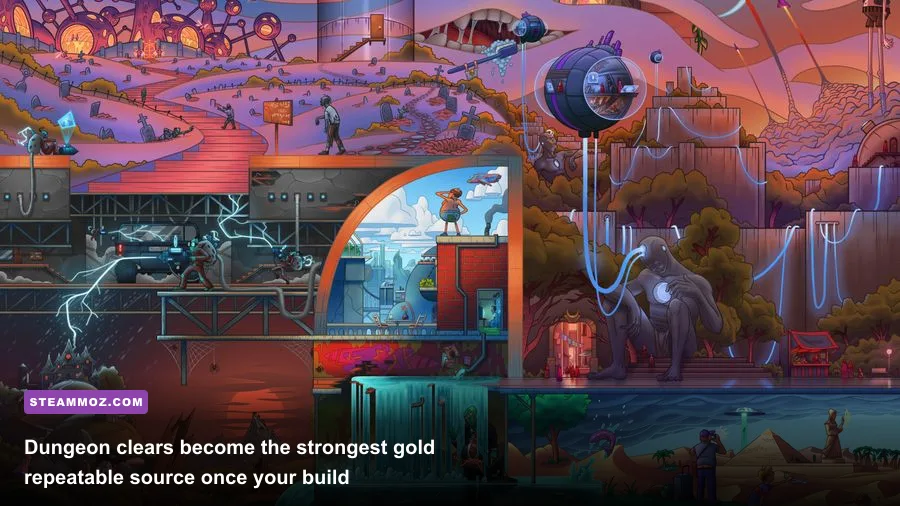 Dreamscape dungeon run showing enemies loot and gold rewards