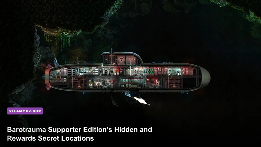 Barotrauma submarine entering an alien ruin during an underwater expedition