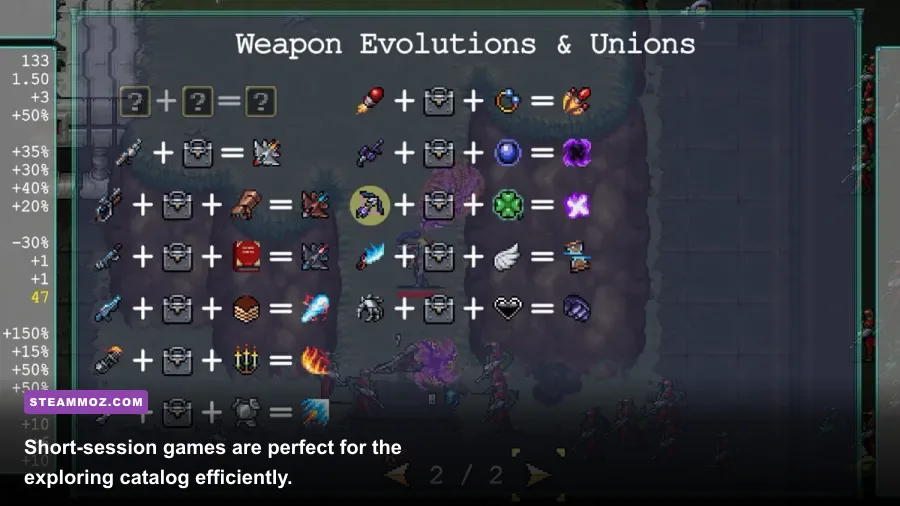 Vampire Survivors weapon evolution build during a PC Game Pass session
