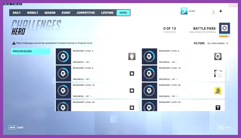 Overwatch 2 hero challenges and unlock menu interface