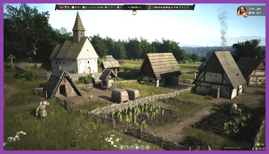 Huge backyard vegetable plots and apple orchards in Manor Lords