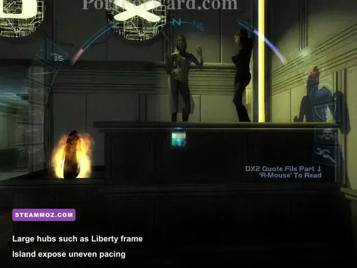 Deus Ex Invisible War Liberty Island gameplay near an Omar checkpoint