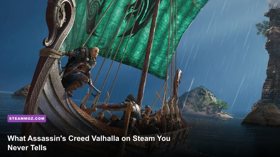 Eivor standing on the prow of a Viking longship in Assassin's Creed Valhalla