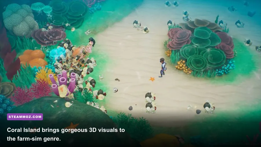 Coral Island tropical farm and underwater diving gameplay